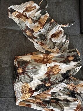 Floral Pleated ruffle Crop tank Top and pants Set in Cream, Brown, Olive